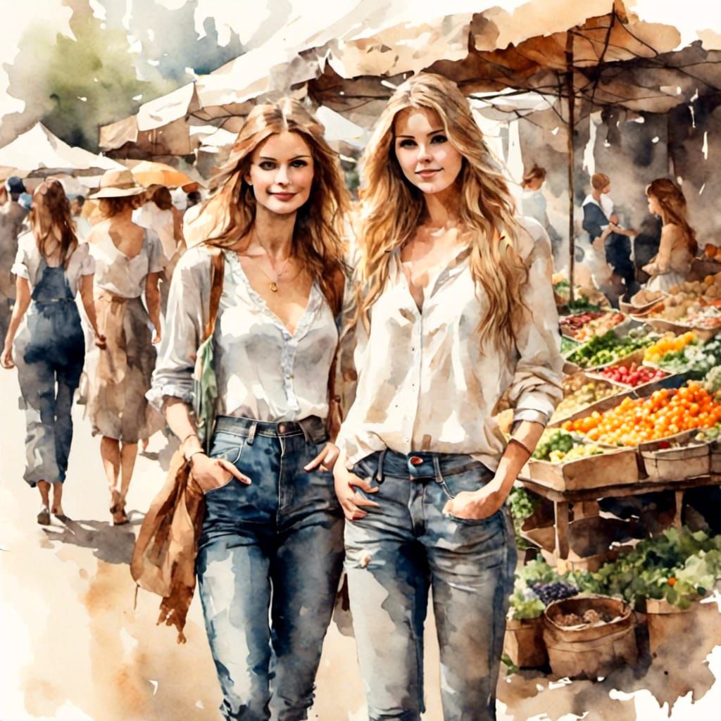 Antique Watercolor of Women at Outdoor Market