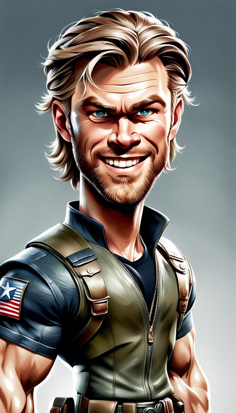 military combat outfit, funny caricature of Chris Hemsworth, full body, smooth skin, smiling, young face, swirly hair, C...