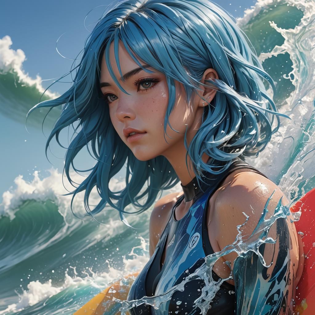 Hyperrealistic Anime Surfing Girl in Splash Art Style