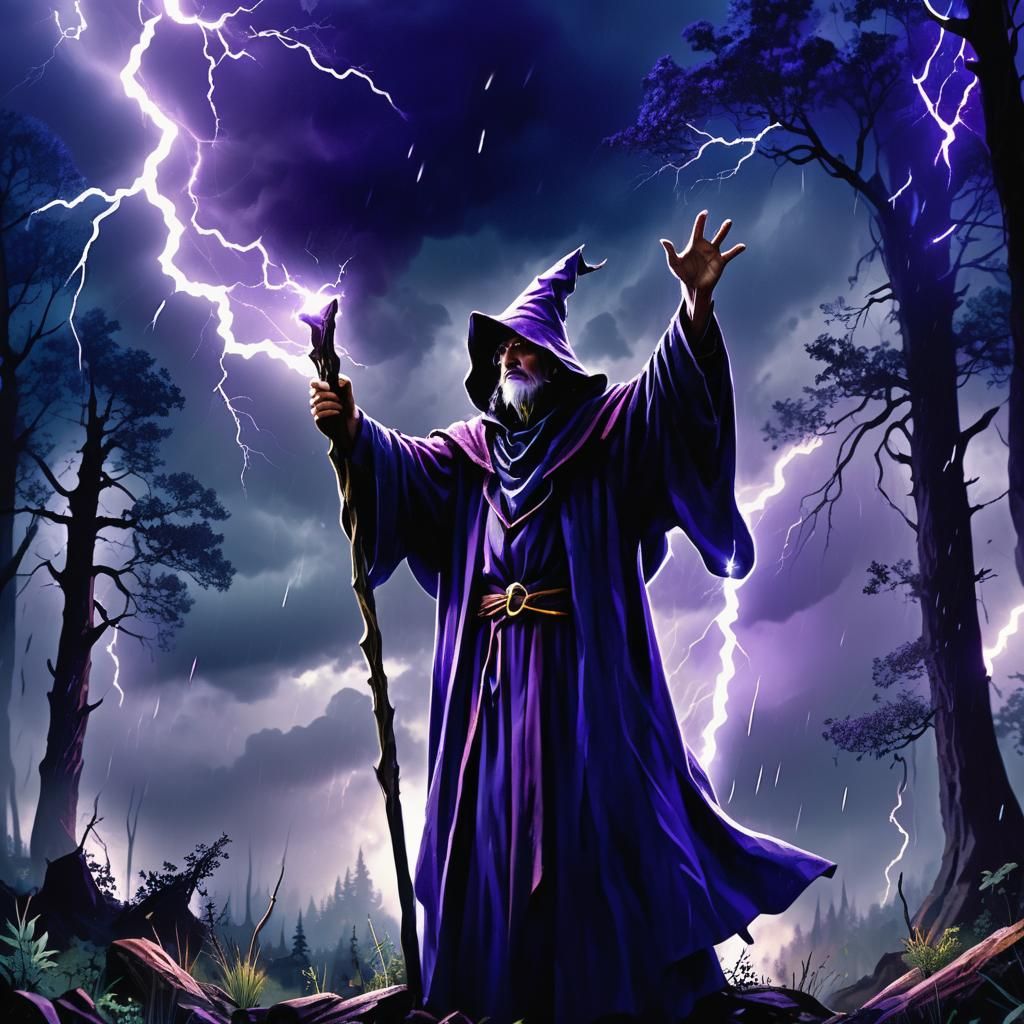 Wizard in Lightning Storm: Dark Fantasy Illustration