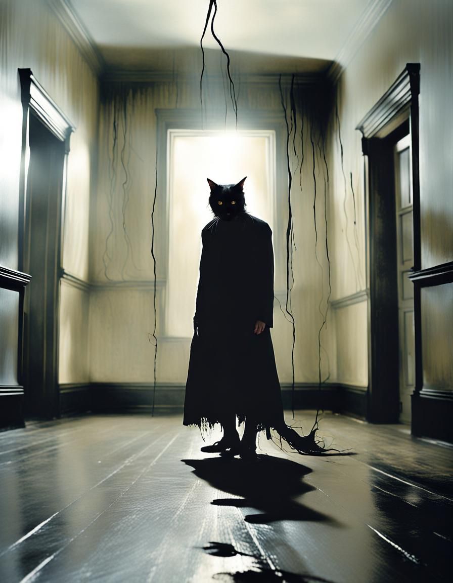 Sinister Black Cat: Chiaroscuro Impasto Horror