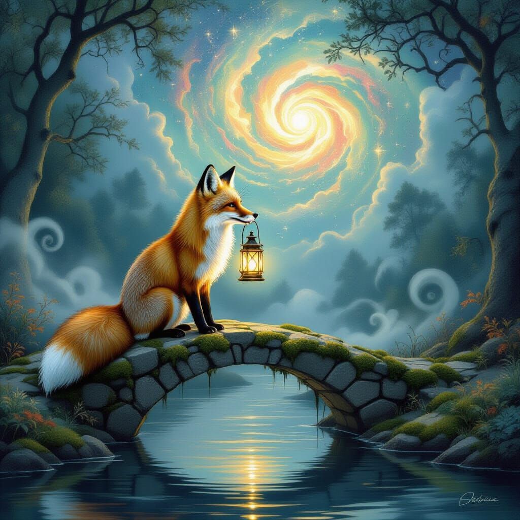 Moonlit Fox with Lantern on Mossy Bridge