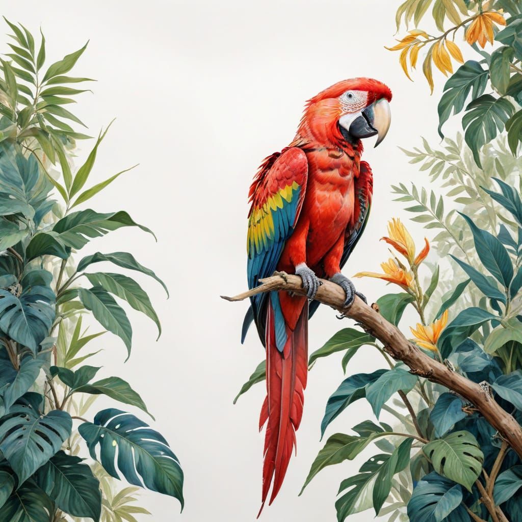 Vibrant Red Macaw in Whimsical Watercolor