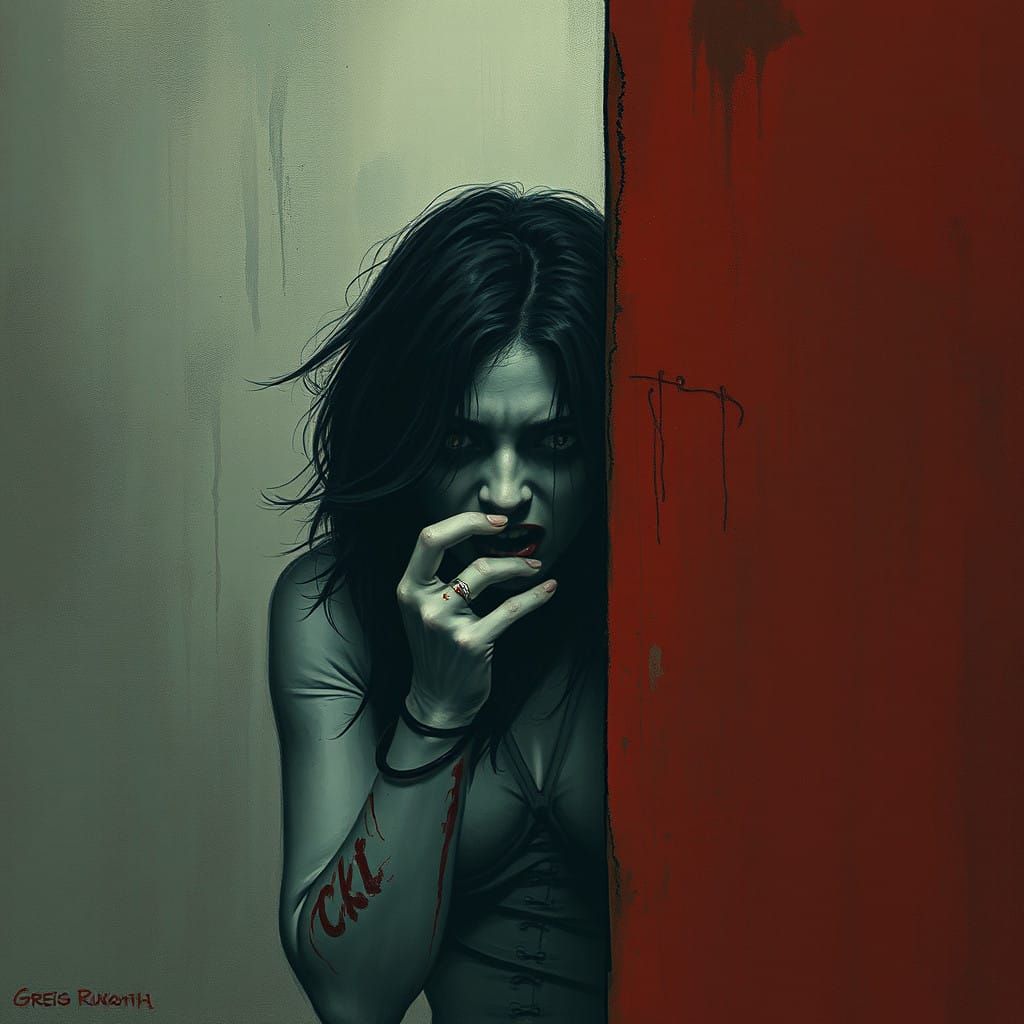 Woman in Terror, Hiding Behind a Wall, in Sinister Style