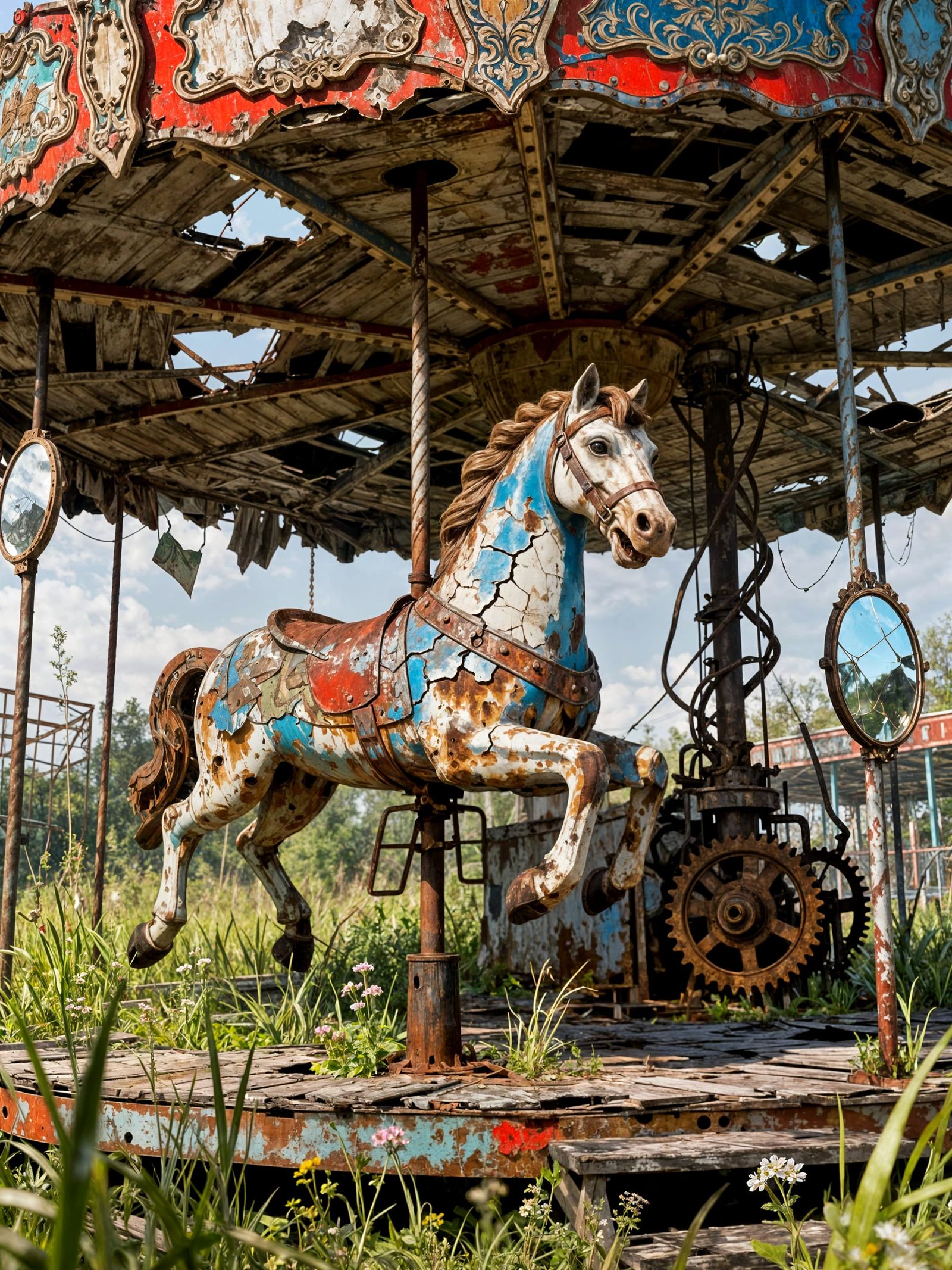 Rusted Carousel Horse in Overgrown Park