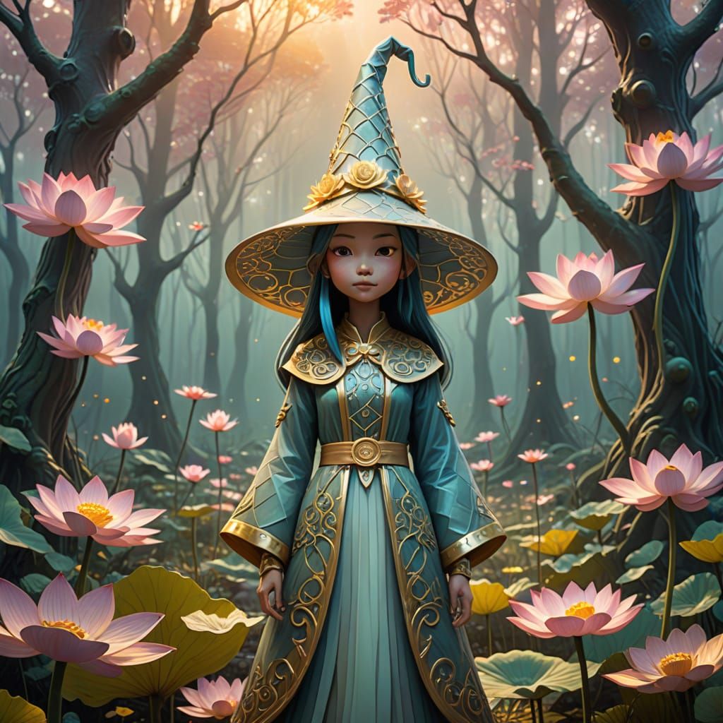 Whimsical cartoon character in liquid metal style, stands in misty forest wearing sparkling wizard hat with lotus patter...