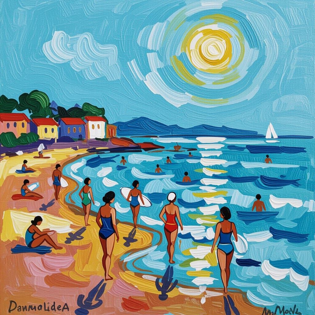 Bathers at Shore in Impressionist Style