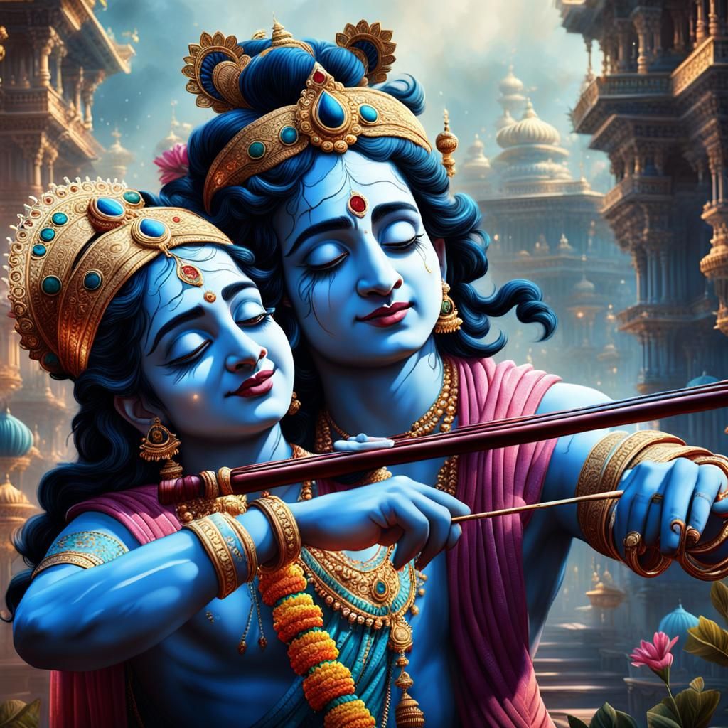 Radhe Krishna Playing: Detailed Fantasy Concept Art