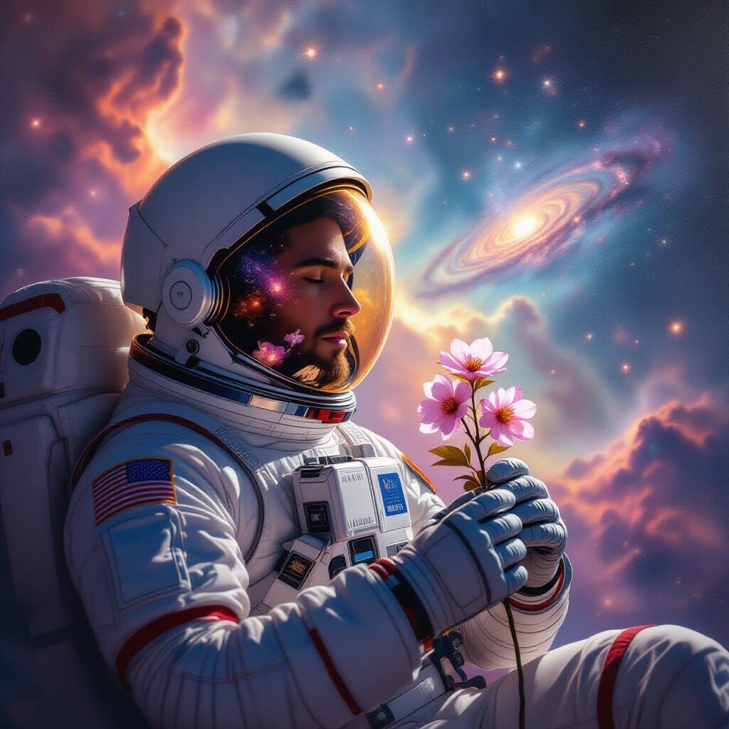 Astronaut Adrift in Nebula with Sakura Blossom