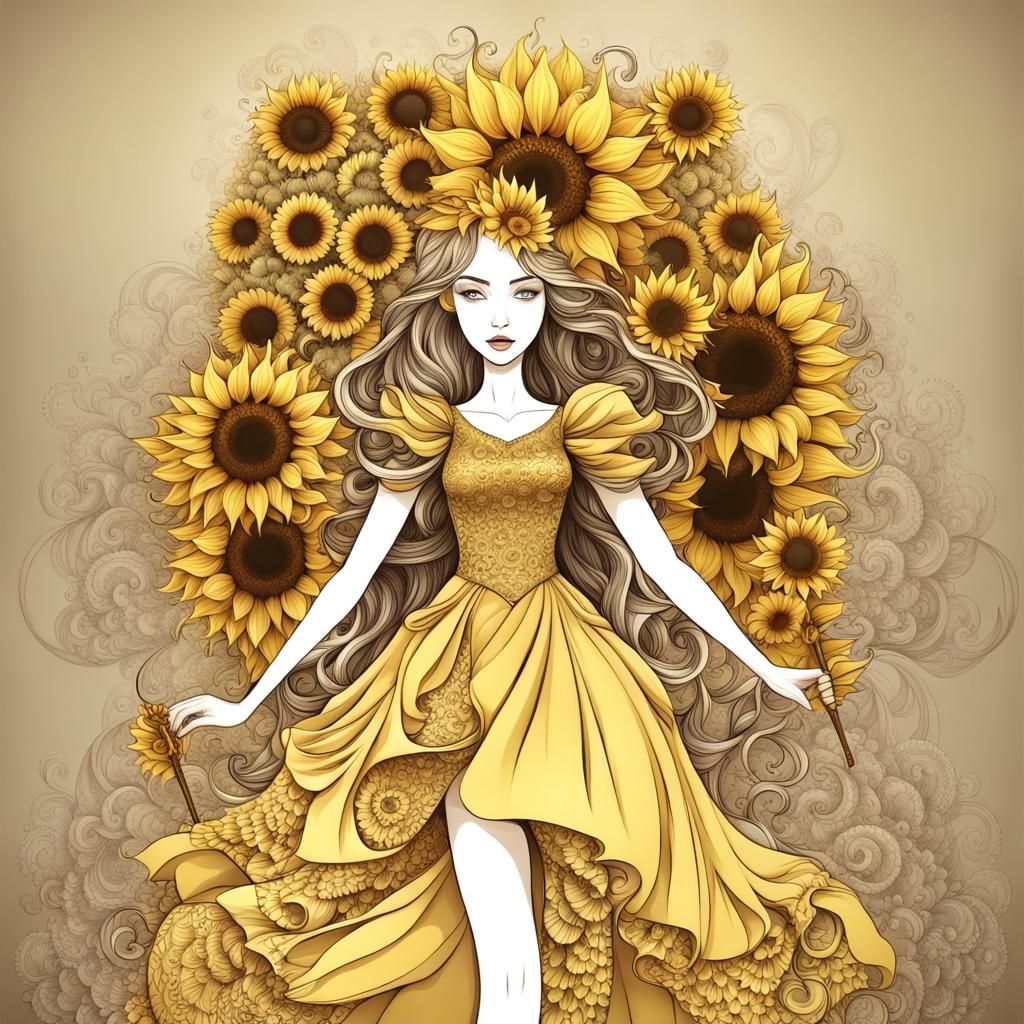 Sunflower Princess with Scepter in Zentangle Style