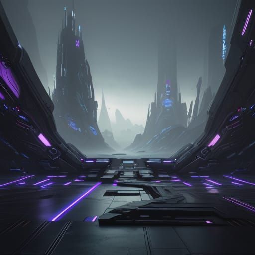 Epic Cyberpunk Sculptures in Neon-Lit Industrial Landscape