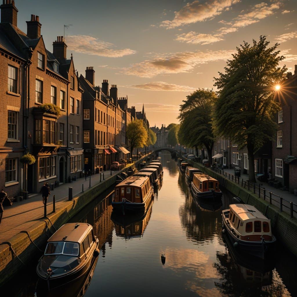 Golden Hour Highway Panorama with 18th-Century Canal Scene i...
