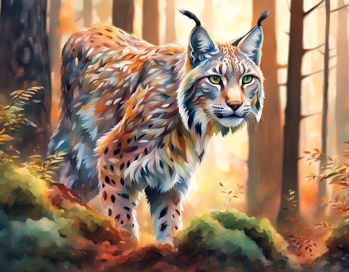 Detailed 3D Lynx in Forest: Hyperrealistic Watercolor