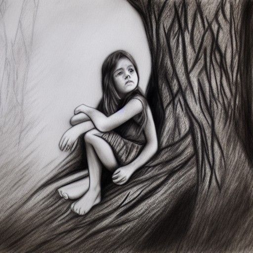 Hyperrealistic Charcoal Drawing of Girl in Tree