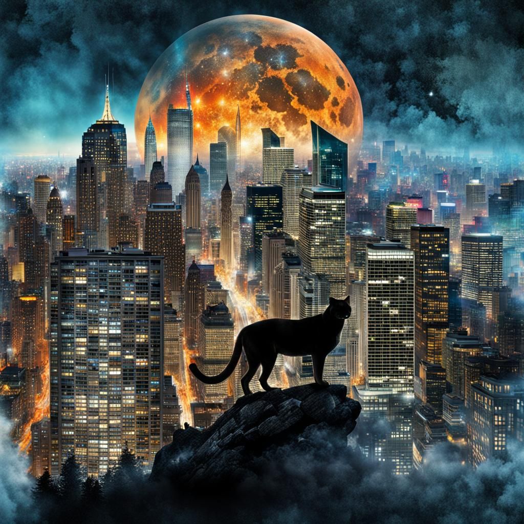 Cougar Silhouette Double Exposure Cityscape Illustration