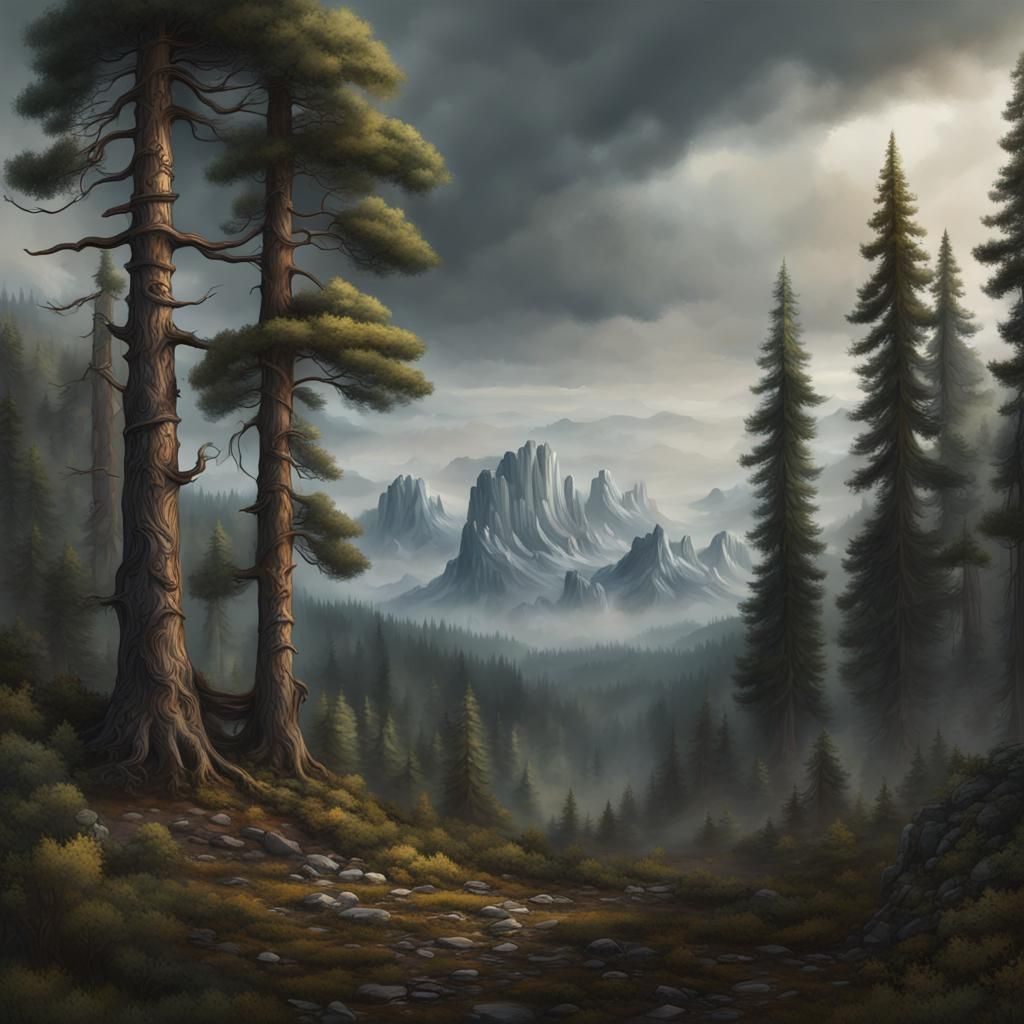 Oil Painting Forest with Pine Trees and Mountains