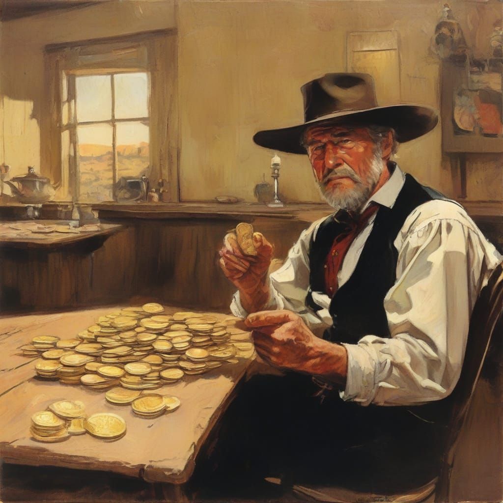 Gunslinger Grabbing Gold: A Gouache Western Illustration