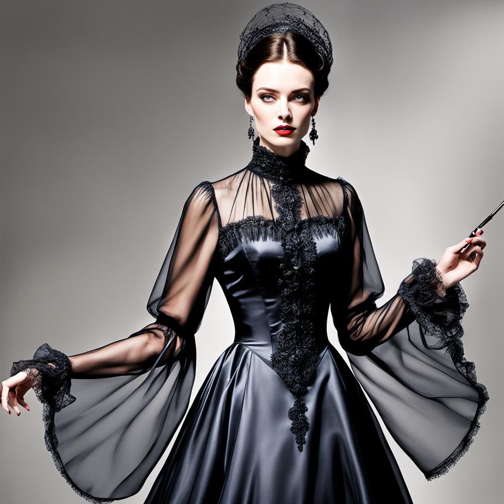 Woman in Flowing Organza Victorian Gown