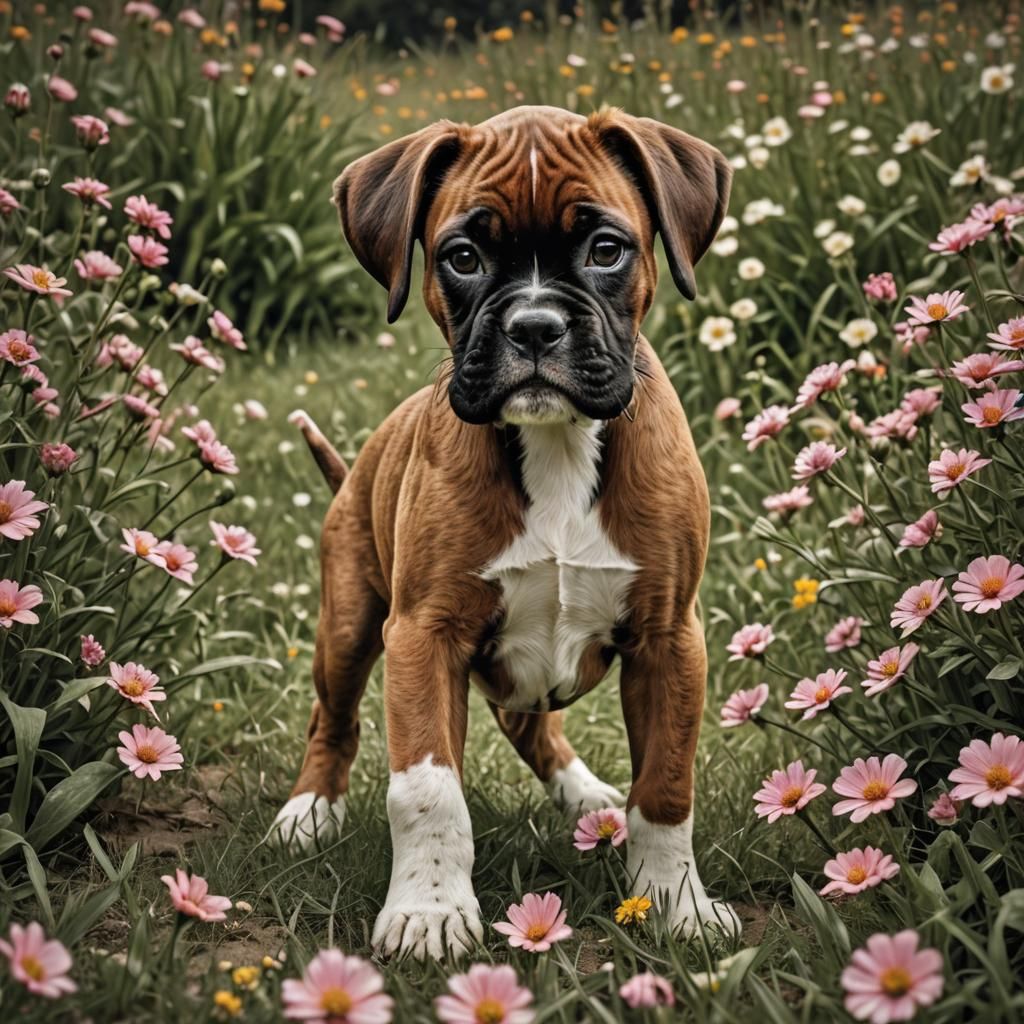 Hyperrealistic Boxer Puppy in Flower Field