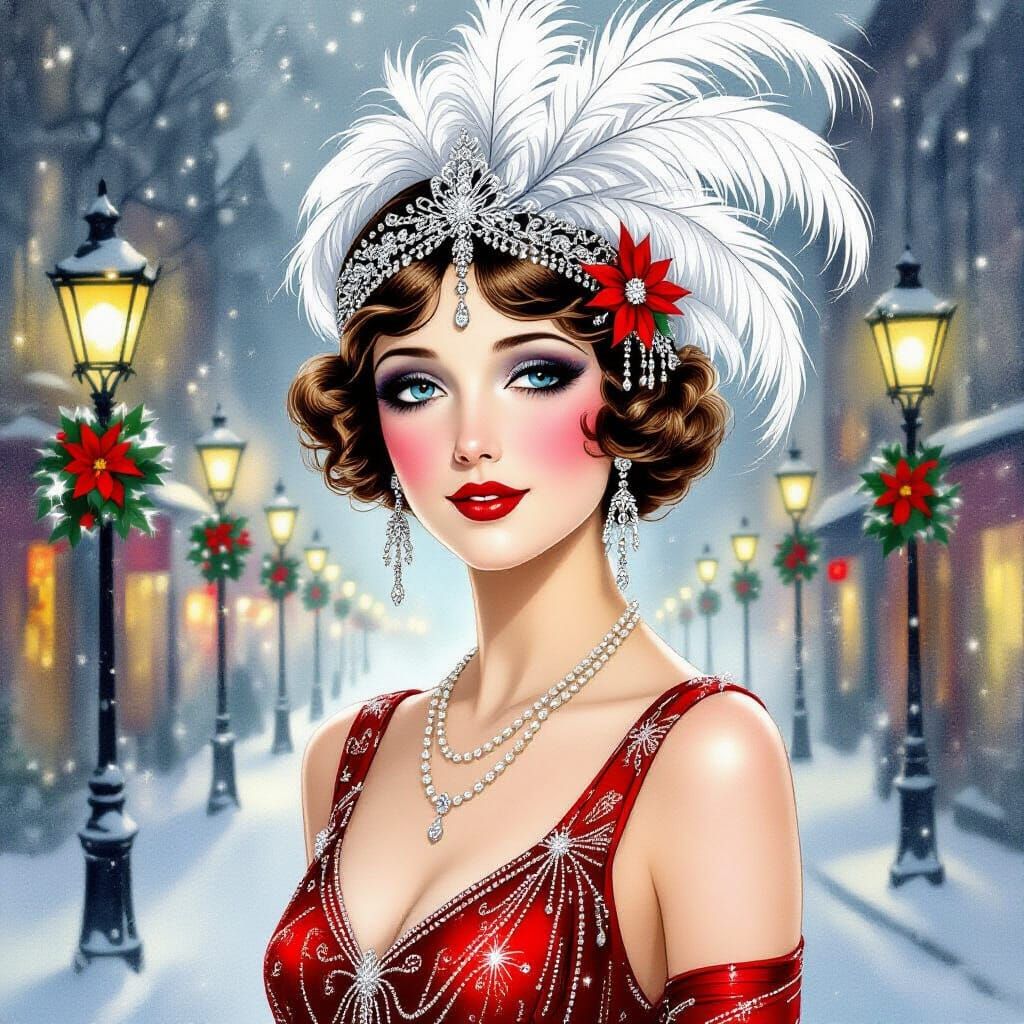 1920s Flapper Woman in Christmas Red Watercolor Painting