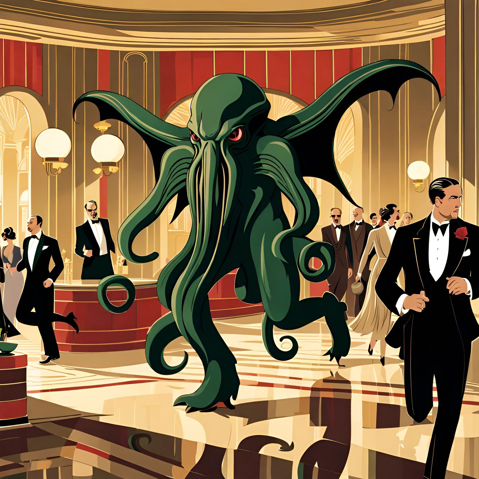 Cthulhu's Art Deco Rampage in 1920s Hotel
