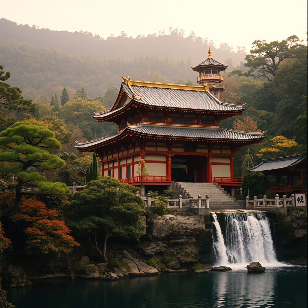 Breathtaking Japanese Temple Beside Cascading Waterfall in W...