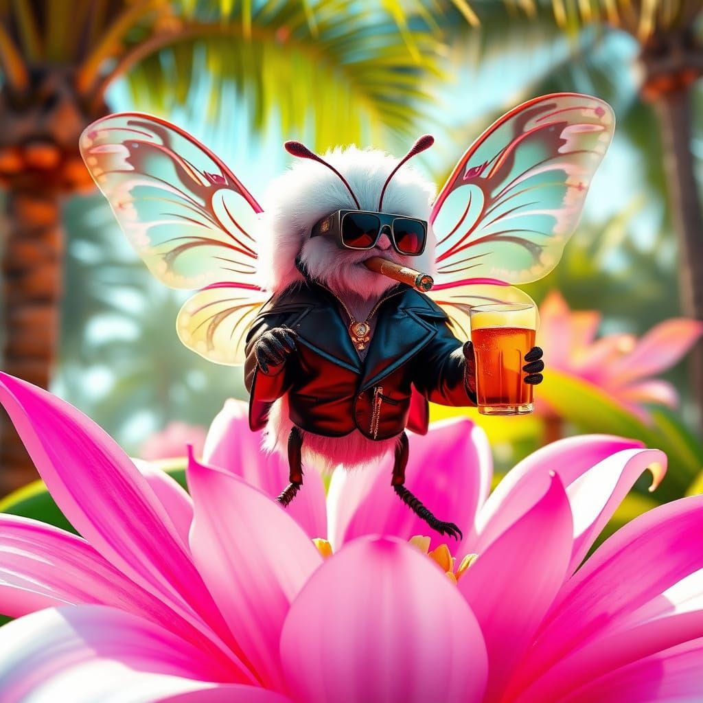 Moth in Leather Jacket on Flower, 3D Game Art