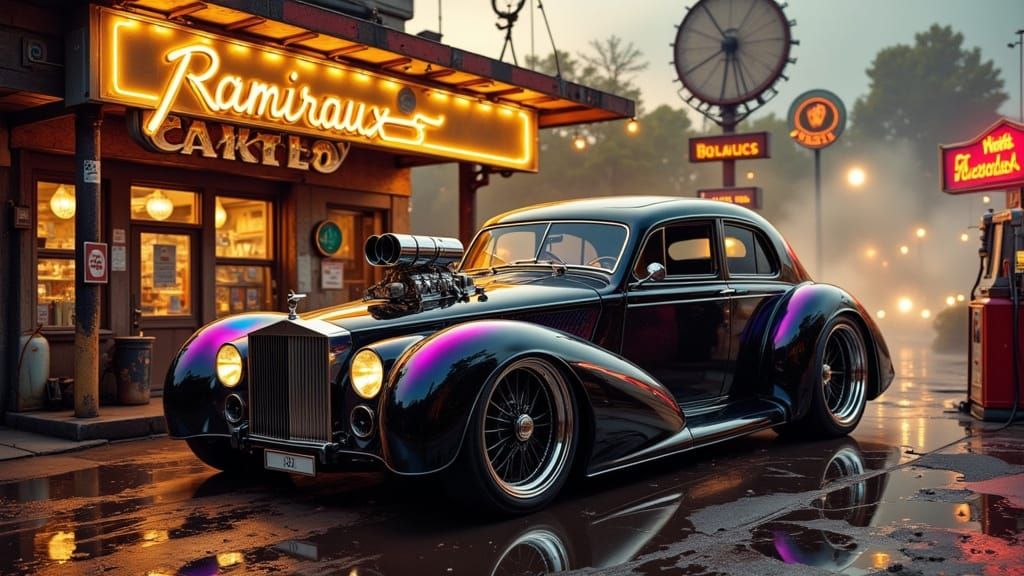 Art Nouveau Cyberpunk Roller Car in a Retro Gas Station