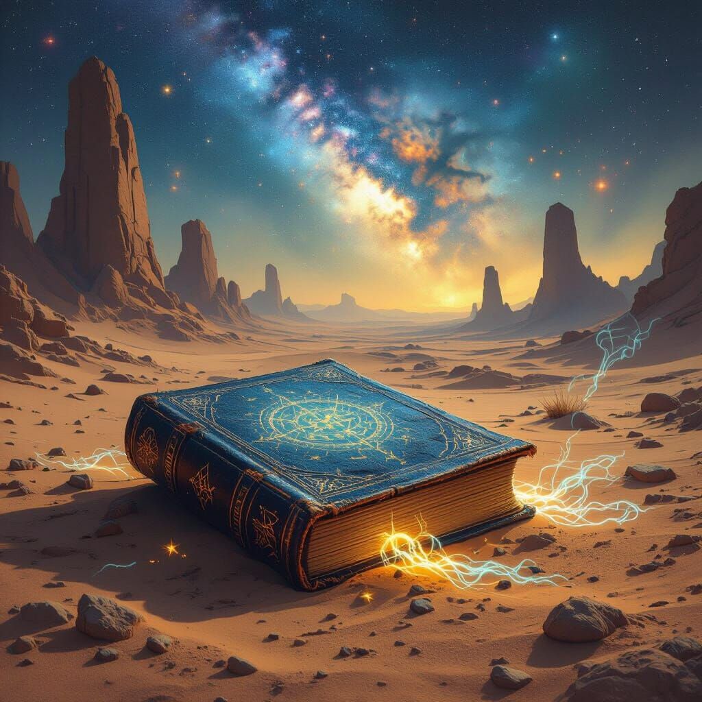 Alien Tome on Desert Landscape with Cosmic Light