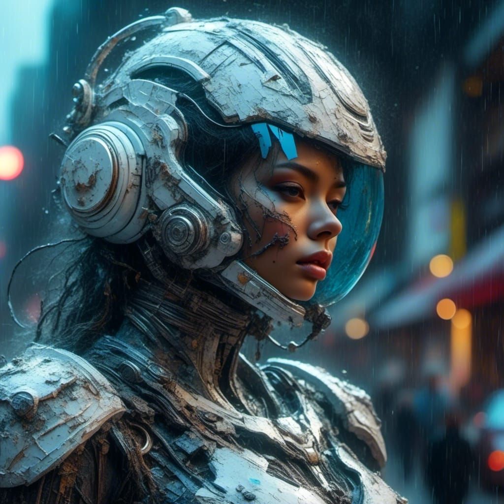 Cyborg with White Helmet in Sci-Fi Style