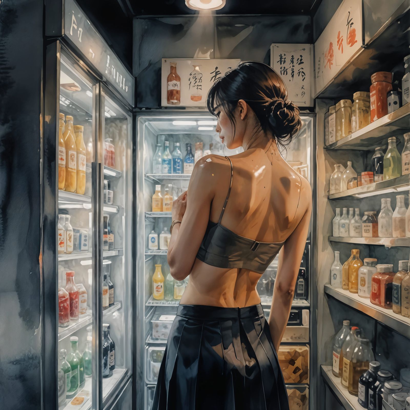Woman Shopping at Japanese Store in Watercolor