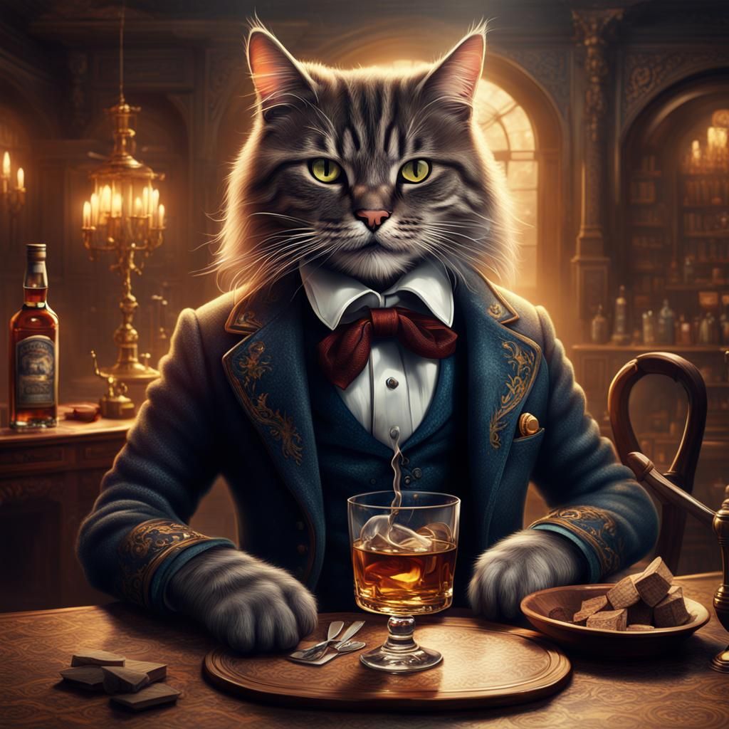Cat with Mustache: Whiskey Sipping Digital Art