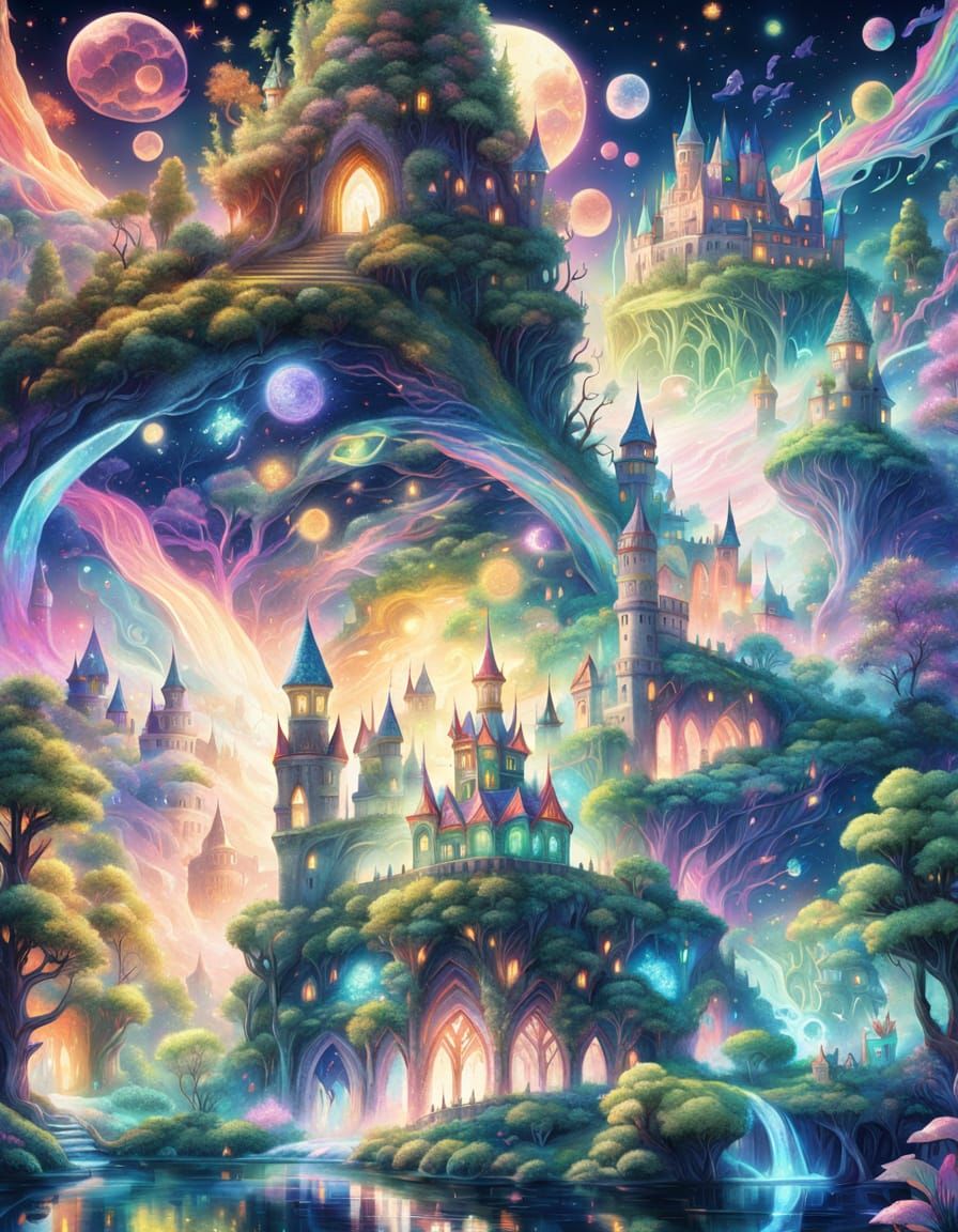 Fantasy Castle with Elves in Astral Colors