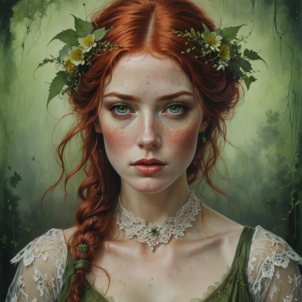 Beautiful Freckled Woman Portrait in Oil Painting Style
