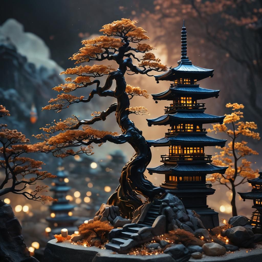 Black Bonsai Tree with Fujiyama Pagoda