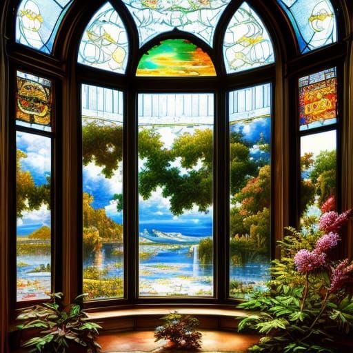 Exotic View Through Stained Glass Bay Window