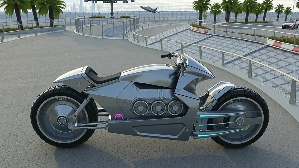 High-Tech Motorcycle Blurs Lines with Futuristic Cityscape