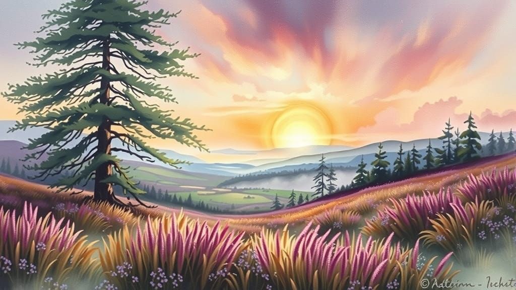 Misty Sunrise Over Irish Moor in Pastel Tones