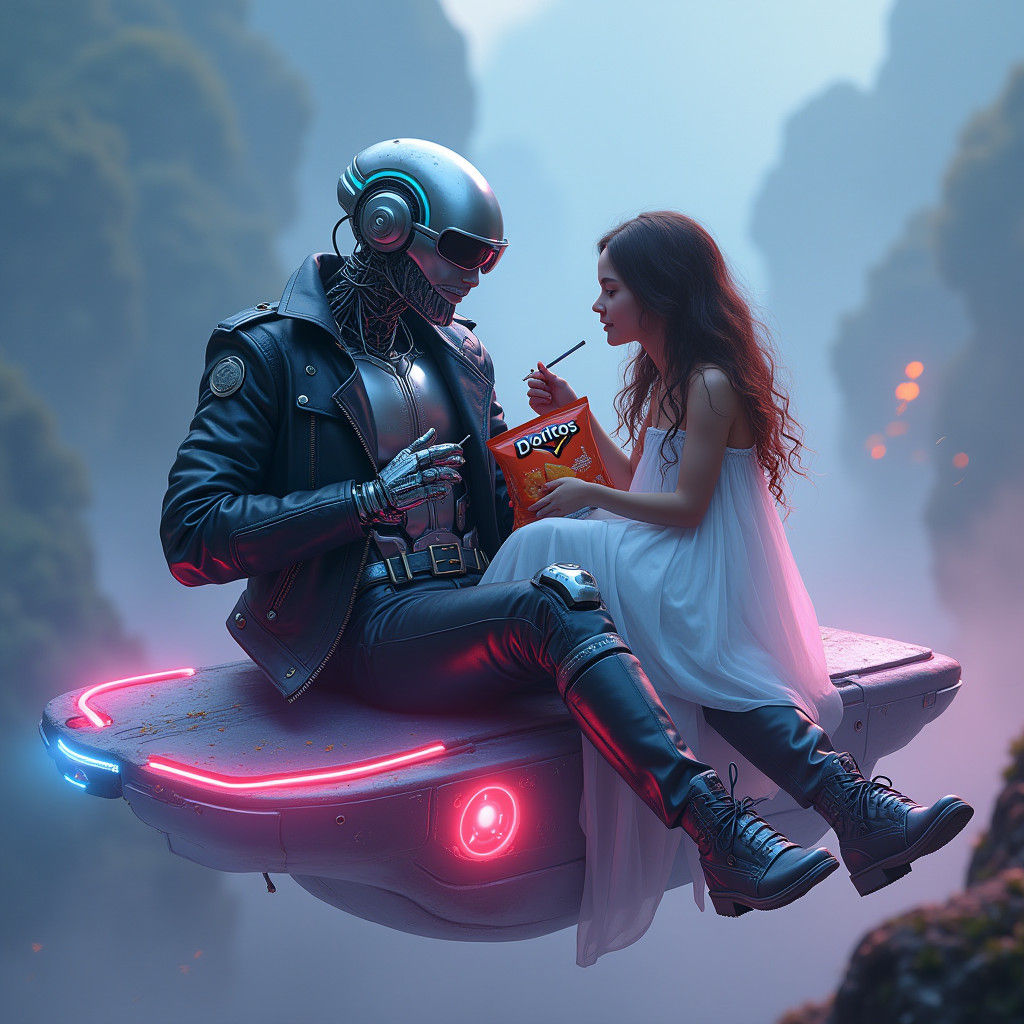 Robot and Girl on Hovercraft in Retro-Futuristic Style