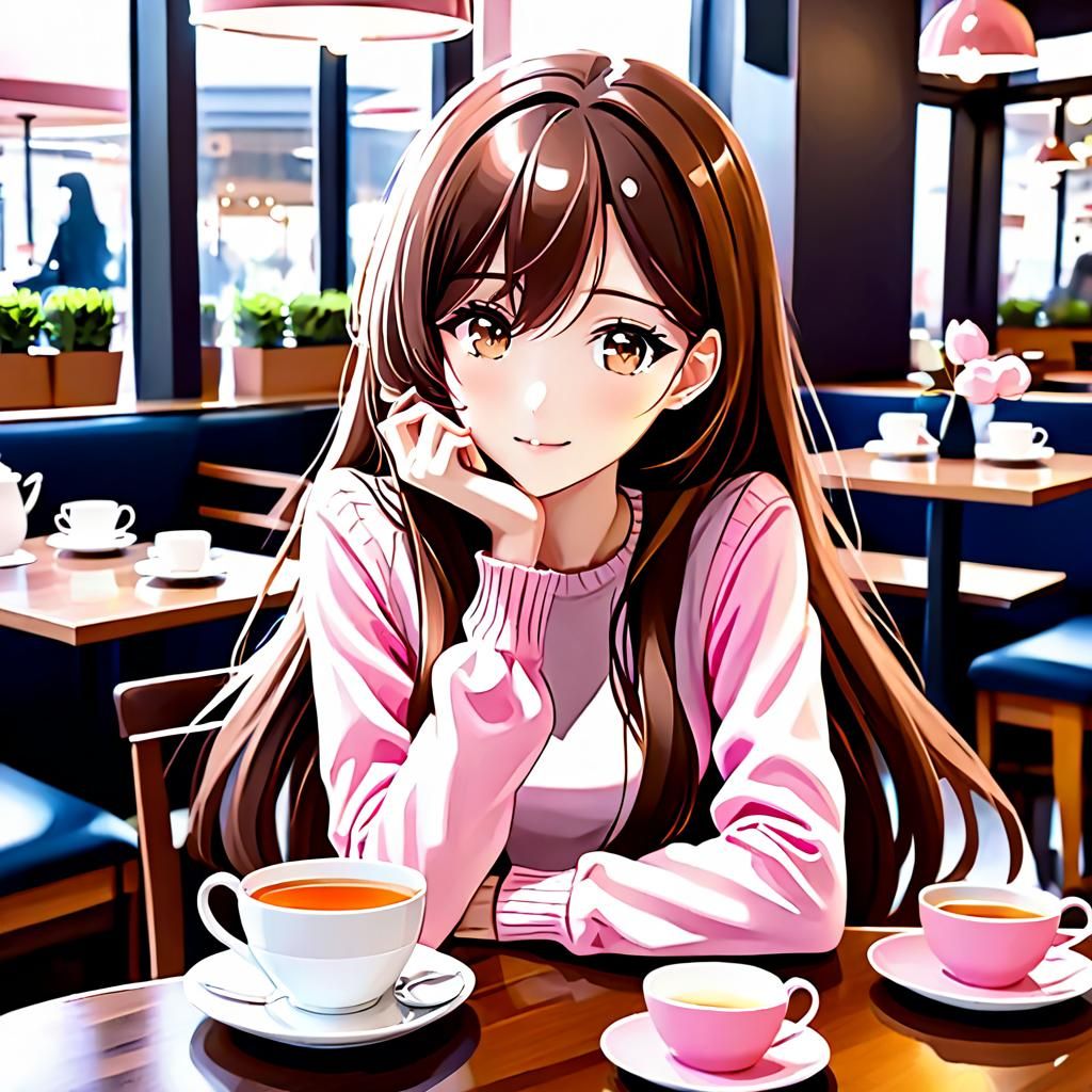 Cute Anime Girl Having Tea Time in Café