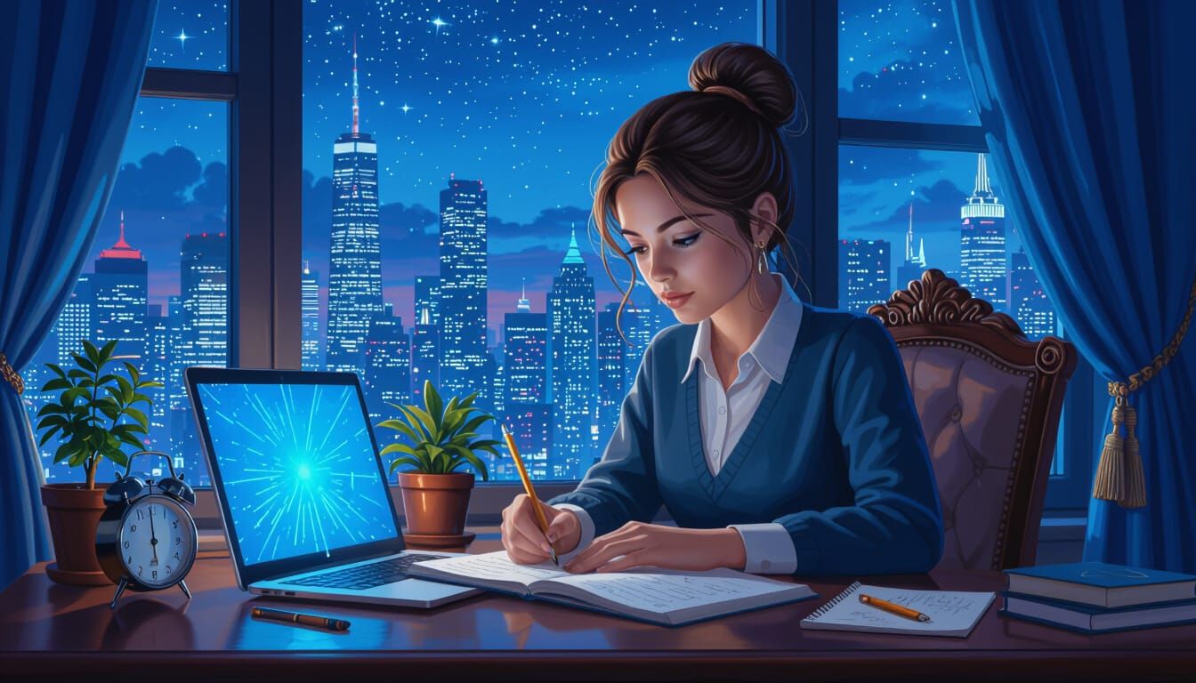 Girl Studying at Desk with Night City View