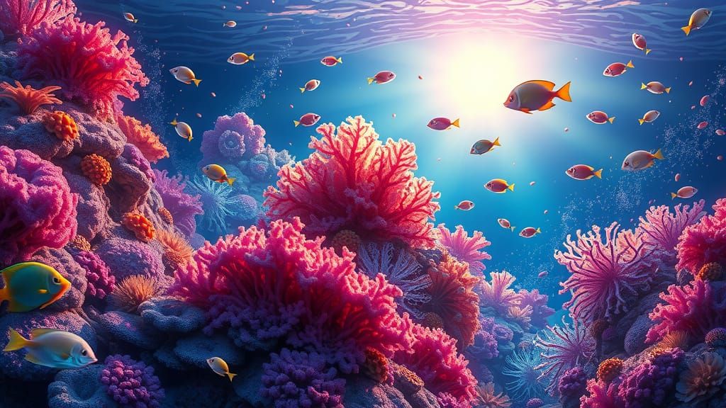 Iridescent Coral Reefs with Tropical Fish: Fantasy Art