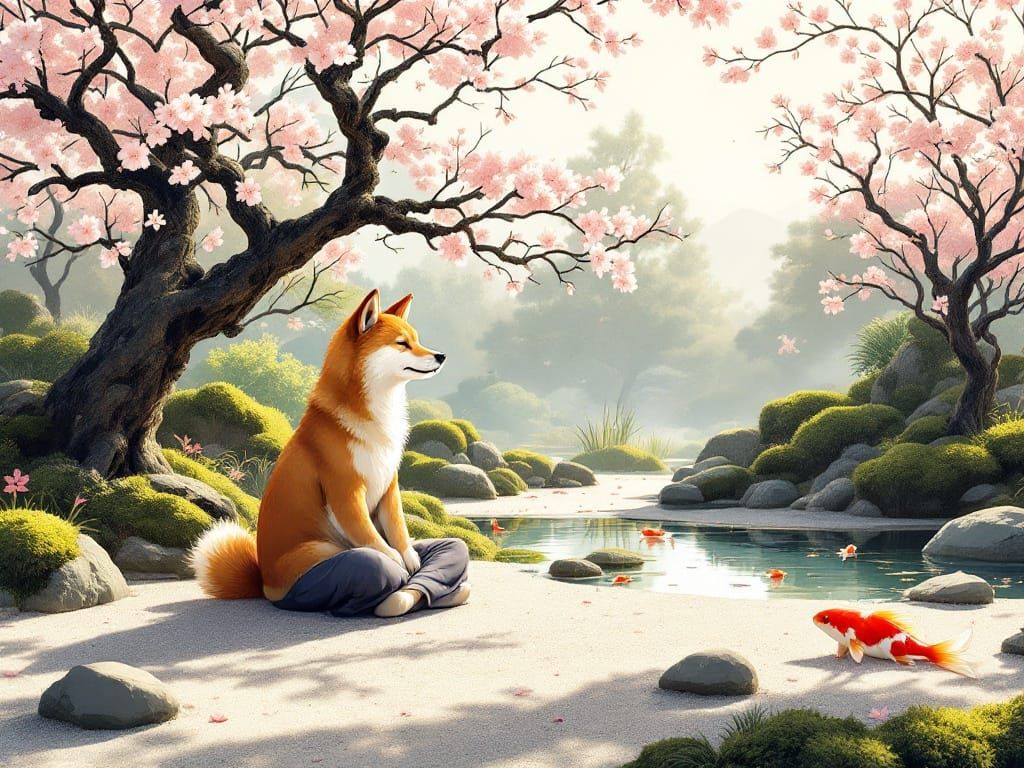 Japanese Zen Garden Scene with Meditating Shiba Inu