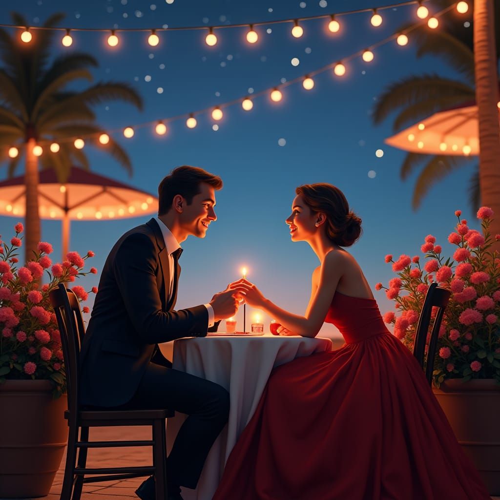 Romantic Couple at Outdoor Restaurant: Matte Painting