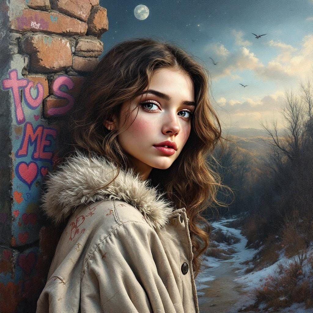 Red-Haired Woman Reaches for Crescent Moon in Starry Night