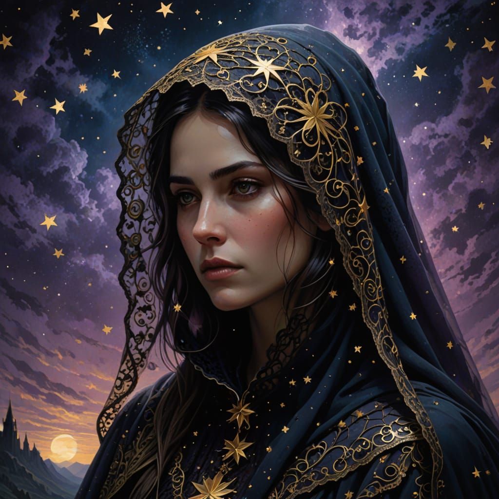 Dark Vailed Woman in Mystical Celestial Art