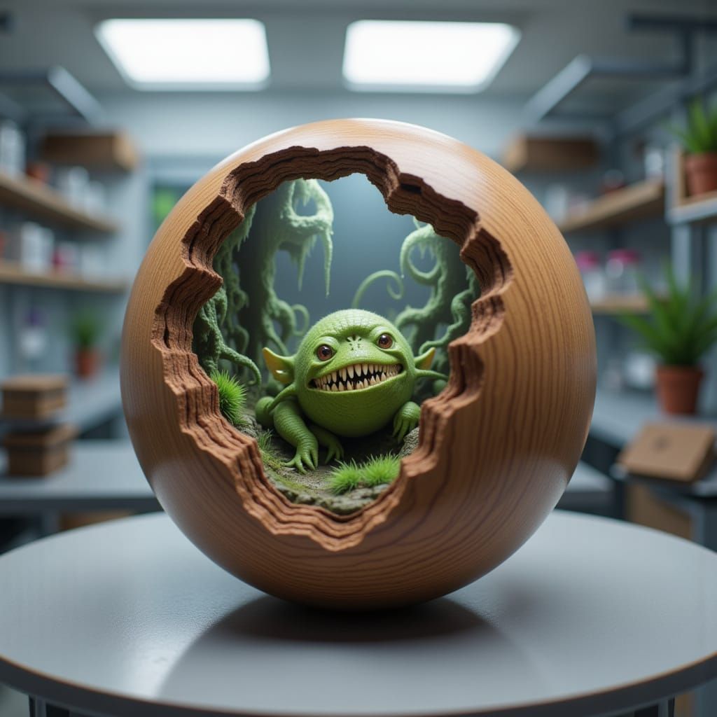 Alien Emerges from Wooden Magic 8-Ball