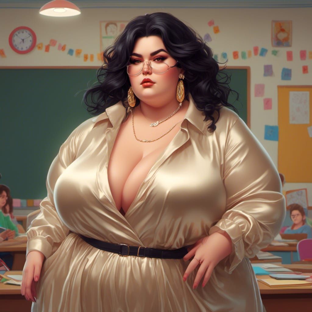 Curvy Teacher in Silk Suit in Classroom