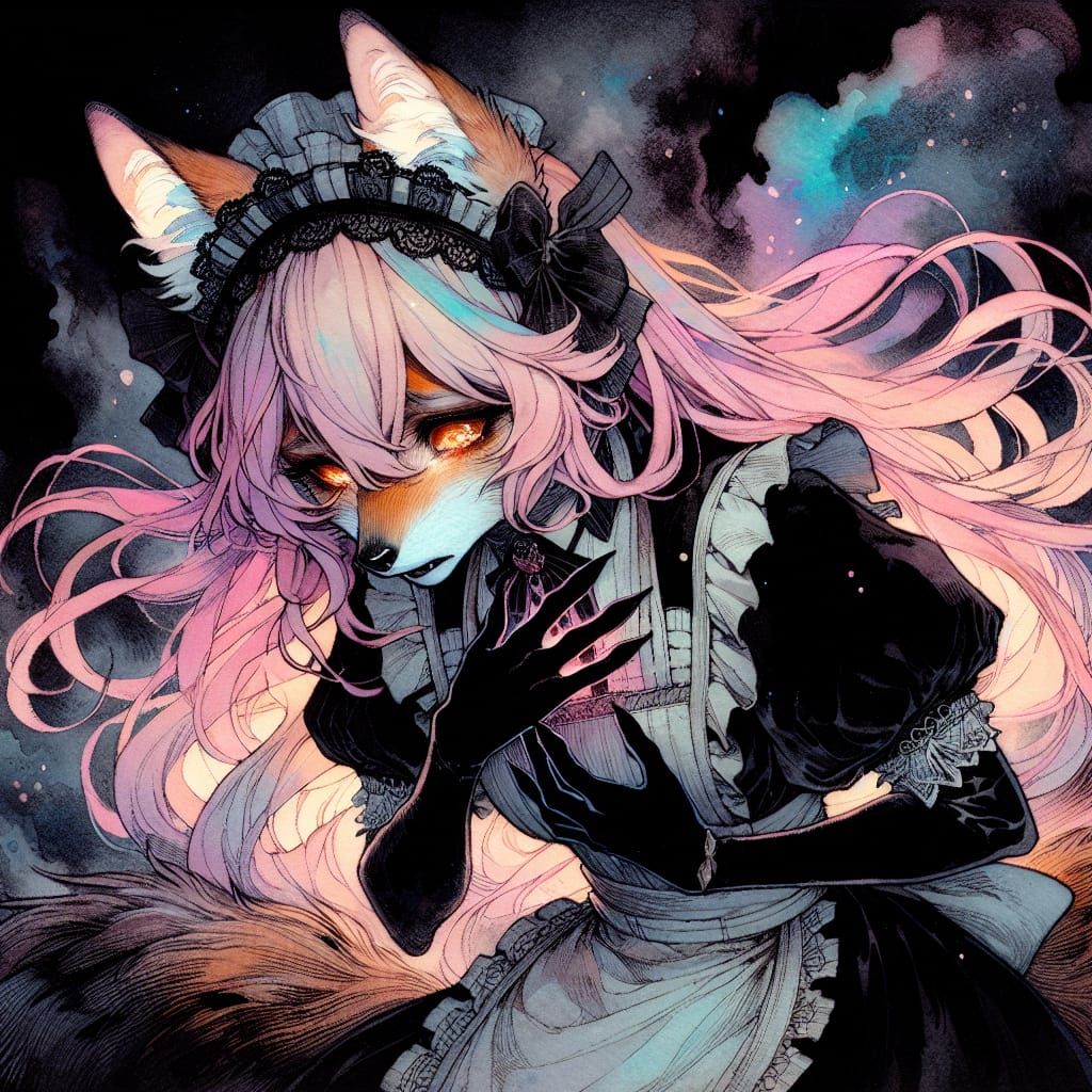 Fox Girl in Japanese Woodblock Print Style