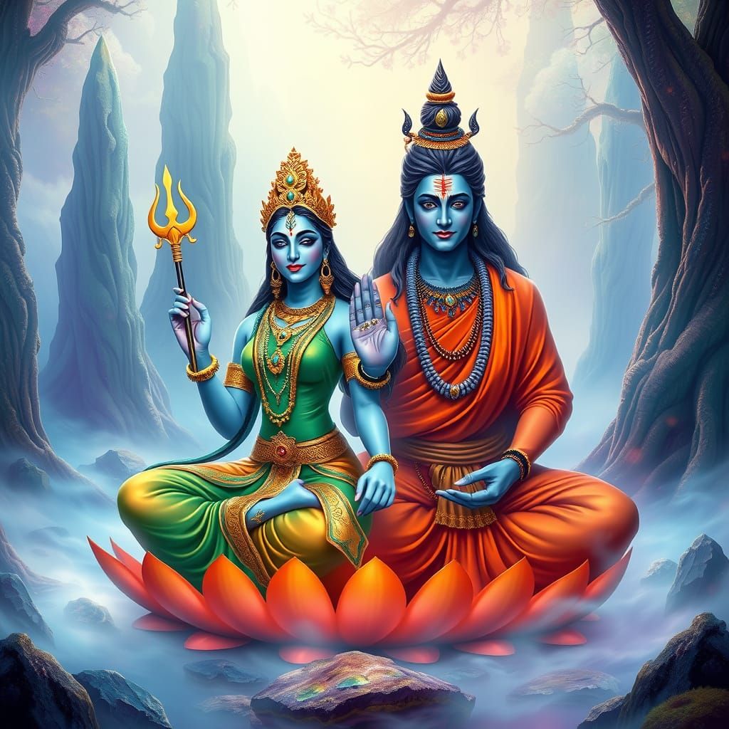 Divine Gods in Vibrant, Dreamlike Landscape